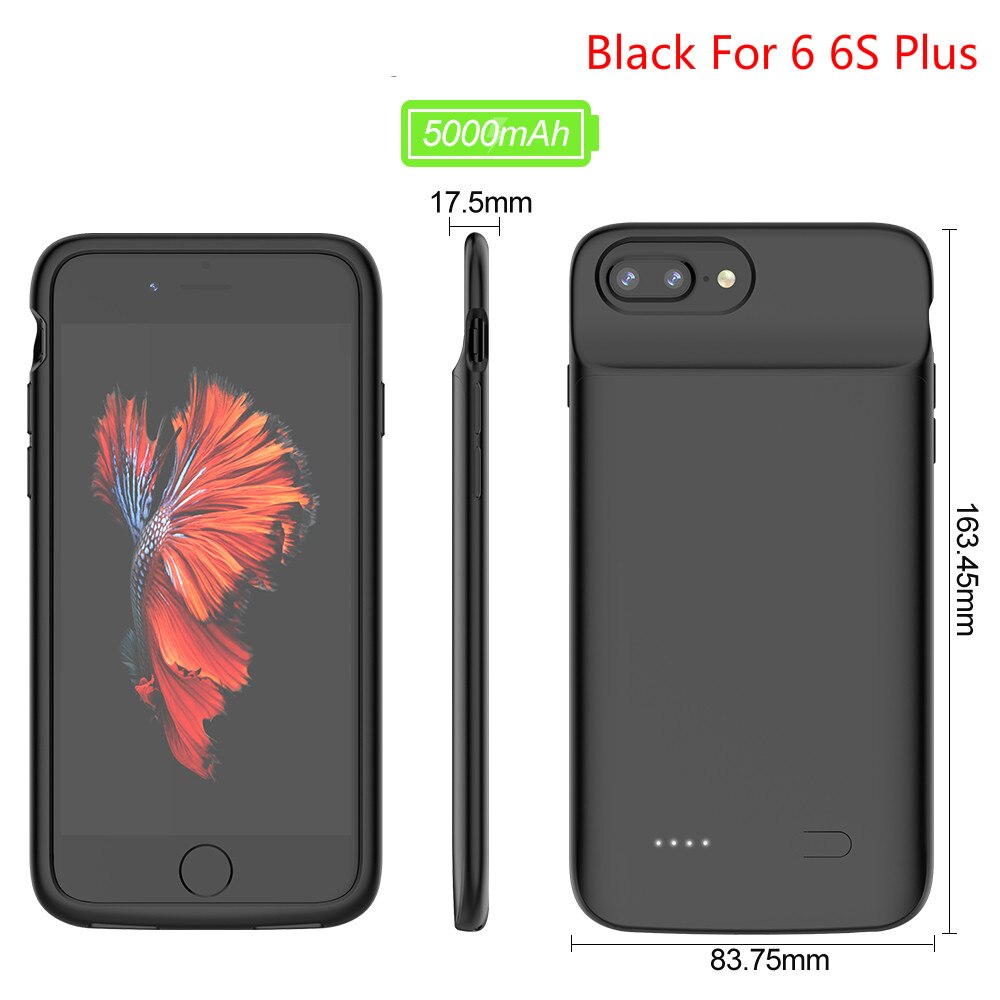 Leioua capa de carregador 3100 mah, para iphone 6, 6s, 7, 8, carregamento sem fio, power bank inteligente para iphone 6 caixa de bateria 6s 7 8plus: black For 6 6S Plus