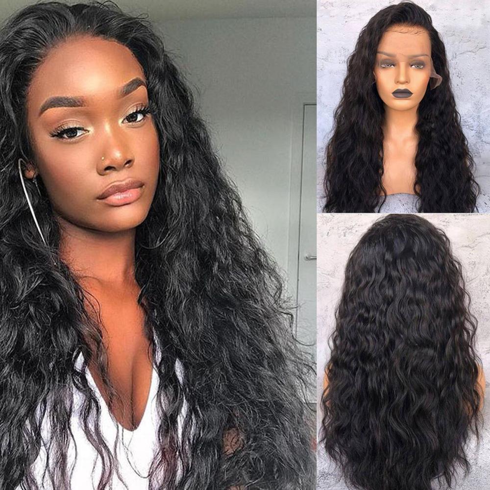 Black Water Wave Synthetic Lace Front Wig Baby Hair Wave Heat Resistant Fiber Hair Half Hand Tied Wig