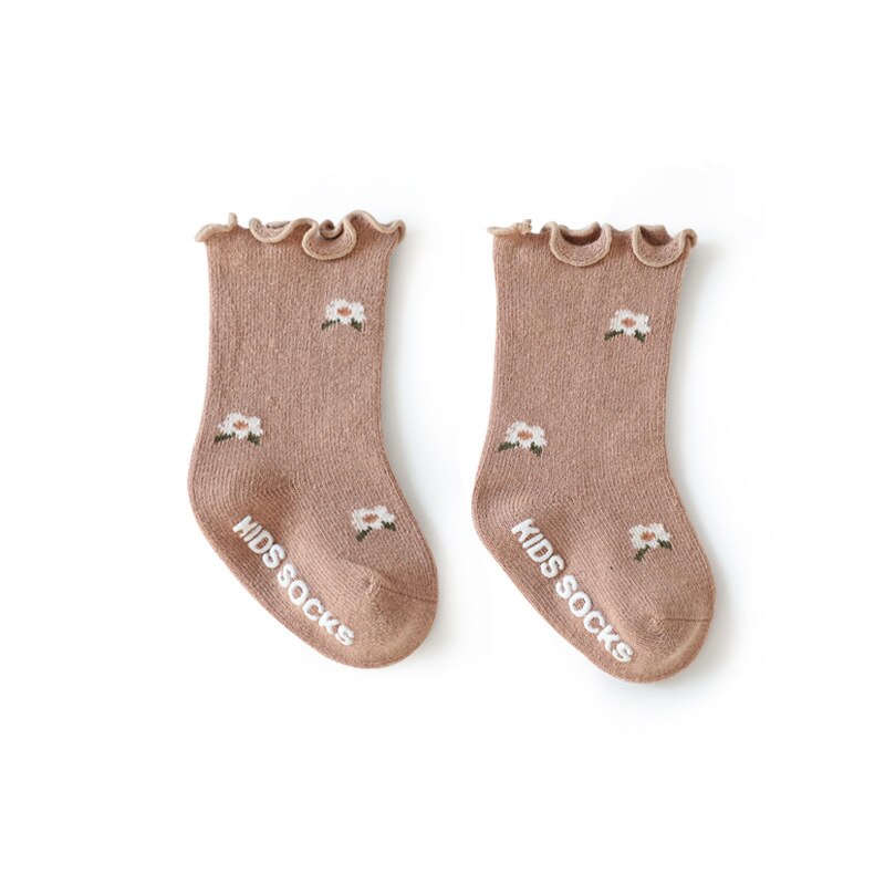 Leuke Bloem Baby Sokken Lente Zomer Ruche Anti Slip Pasgeboren Baby Meisje Korte Sokken Baby Accessoires: coffee / 6-12M