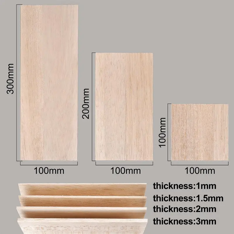 Lot de 5 feuilles de bois de balsa, ply 100/200/300mm de long 100mm de large 1/1.5/2/3mm optique pour projet de bricolage, accessoires d'artisanat