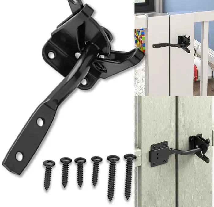 Self Locking Gate Latch Automatic Heavy Force Lever Fence Gate Lock For Wood Fence Gate Door Latches Steel Black Fence Lock Tool