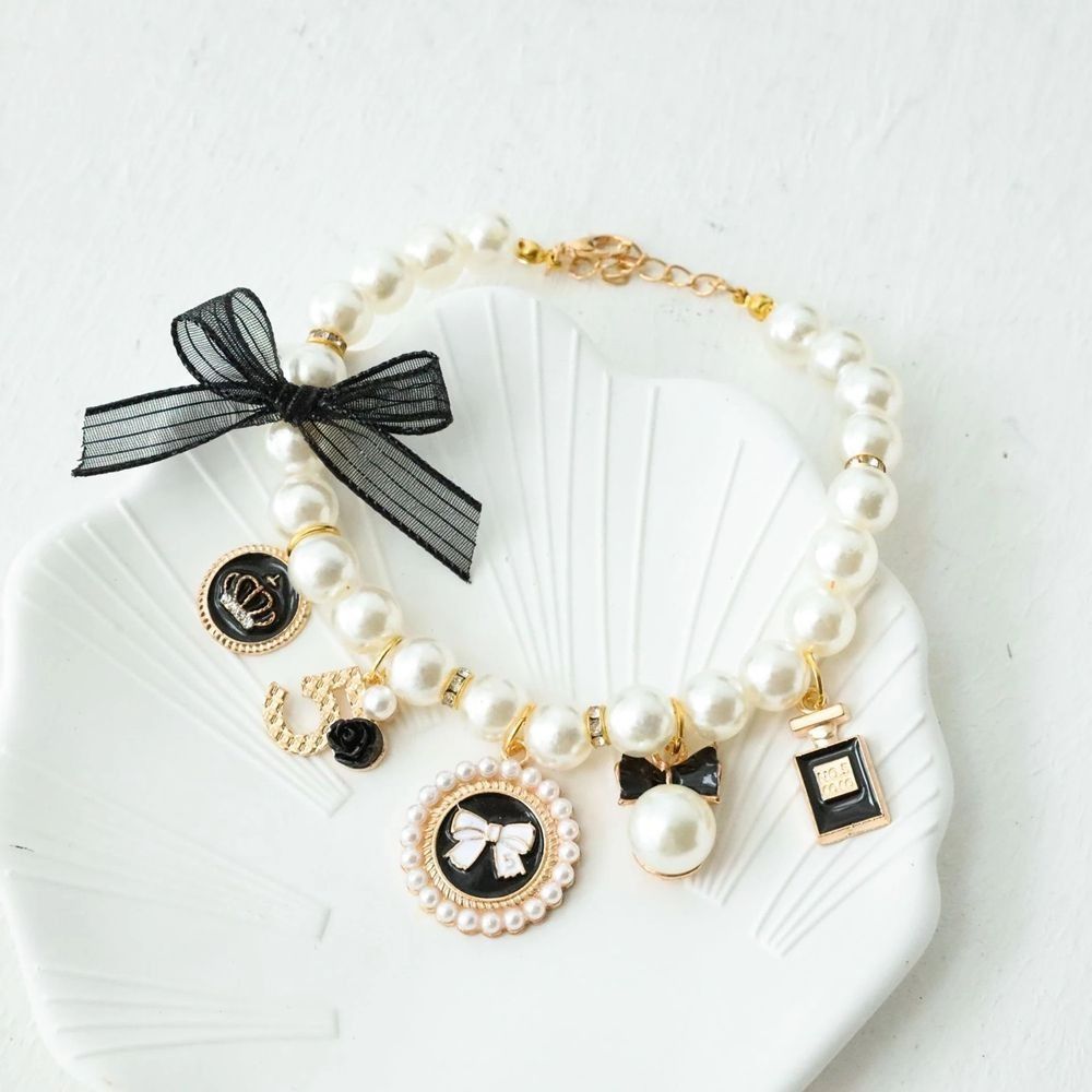 Collier de perles pour animaux de compagnie, collier avec nœud de princesse pour chien, bijoux pour chat, accessoires mignons pour chiot, chaîne pour Chihuahua, bijoux de mariage: S / WHITE