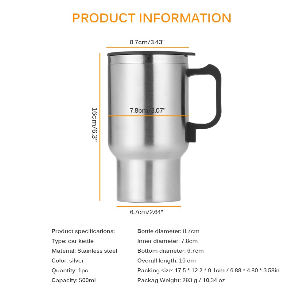 500ML 12V Portable tasse bouilloire voyage café tasse électrique en acier inoxydable avec allume-cigare câble voiture eau garder plus bouilloire