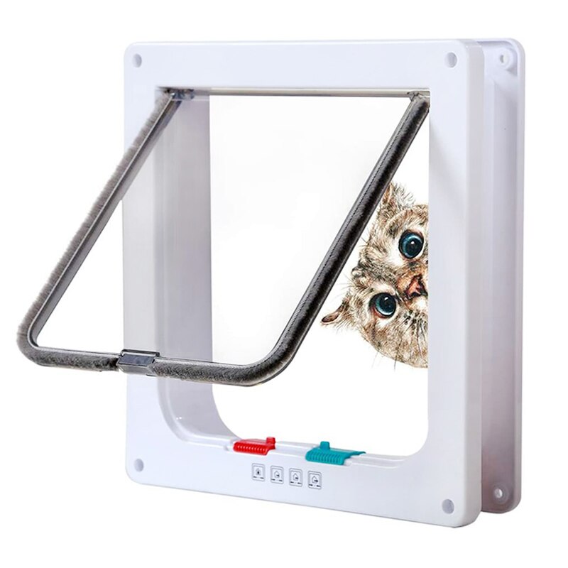 Dog Cat Flap Door with 4 Way Security Lock Flap Door For Dog Cats Kitten ABS Plastic Small Pet Gate Door Kit Flap Doors: White / M