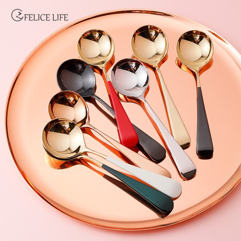 Colorful Soup Spoon 304 Stainless Steel Dinner Spoon With Long Handle Big Cooking Food Scoop For Kitchen Tableware