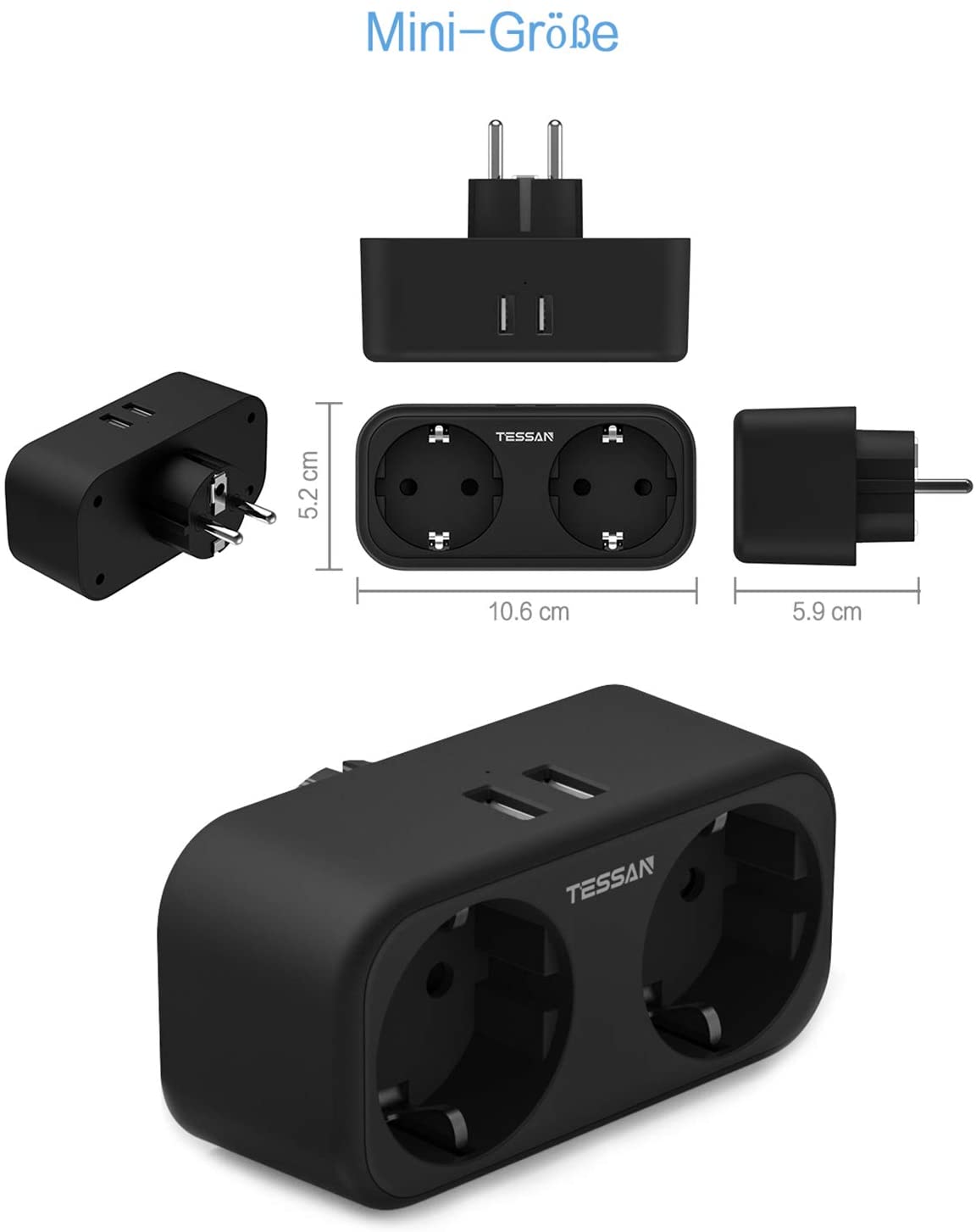 TESSAN – barre d&#39;alimentation d&#39;extension de prise européenne, avec 2 prises EU et 2 Ports de charge USB (5V 2,4 a), prise murale, adaptateur de voyage