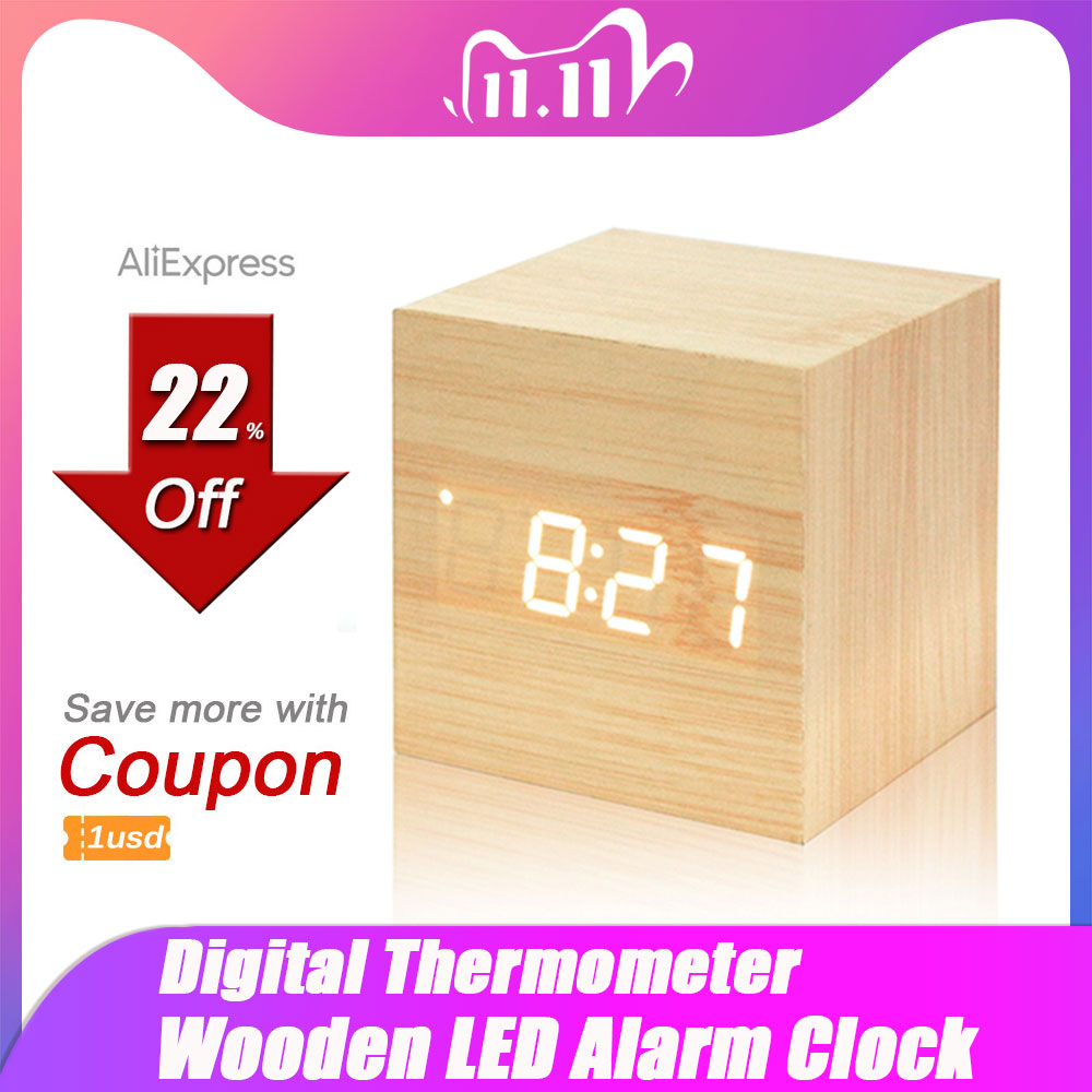 Digital Thermometer Holz LED Alarm Uhr Hintergrundbeleuchtung Stimme Kontrolle Holz retro glühen Uhr Schreibtisch Tabelle leuchtend Alarm Uhren