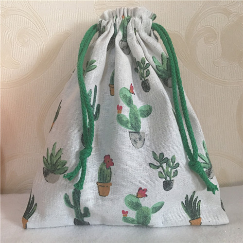 YILE 1pc Cotton Linen Drawstring Multi- Purpose Organizer Bag Green Flowering Cactus N8223 C S: M 25x20cm