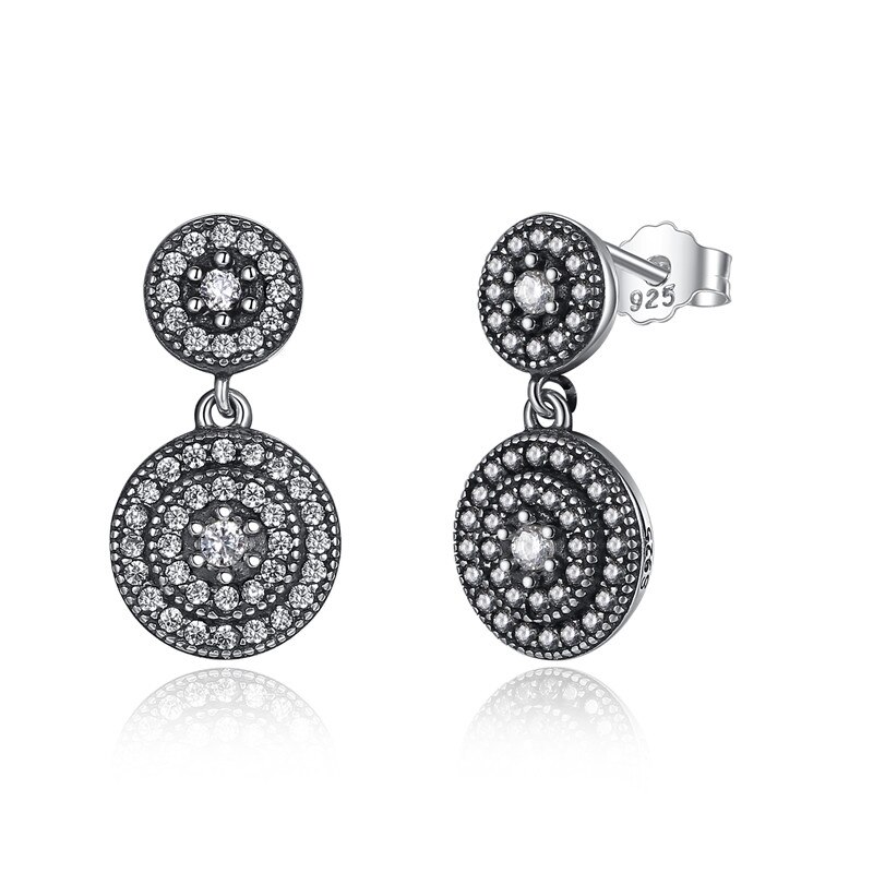 BAMOER 925 Sterling Silver Radiant Elegance Earrings Clear CZ Crystals Surrounded Ancient Silver Women Earings PAS471: Default Title