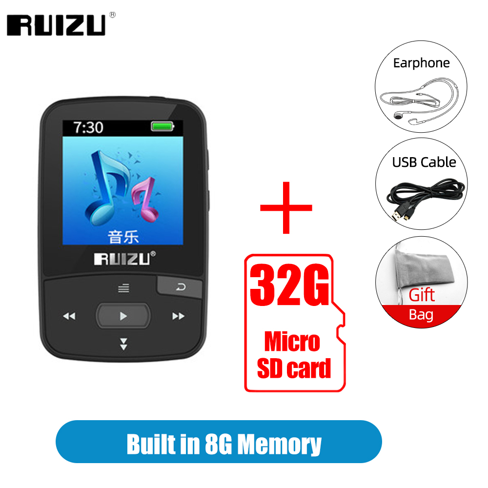 RUIZU X50 Sport lettore MP3 con Bluetooth 8GB Mini Clip Music lettore Audio supporto Radio FM registratore EBook orologio pedometro Video: 8G Bl Add 32G Card