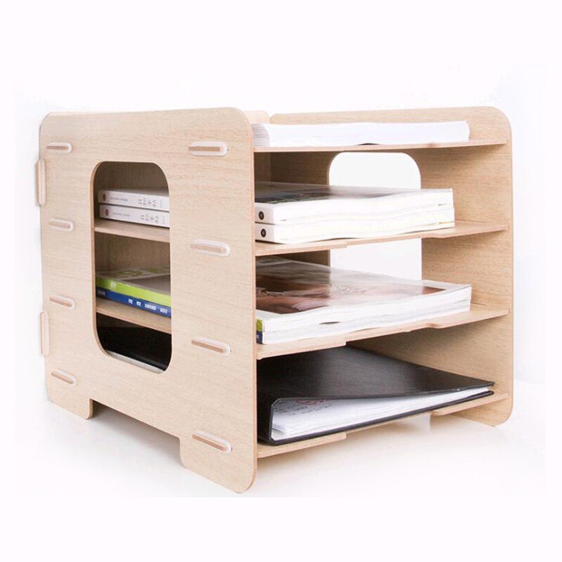 DIY Wood Hand Made Desk Organizer Office School Supplies Desk Accessories Organizer 4 Layers File Tray Book Holder