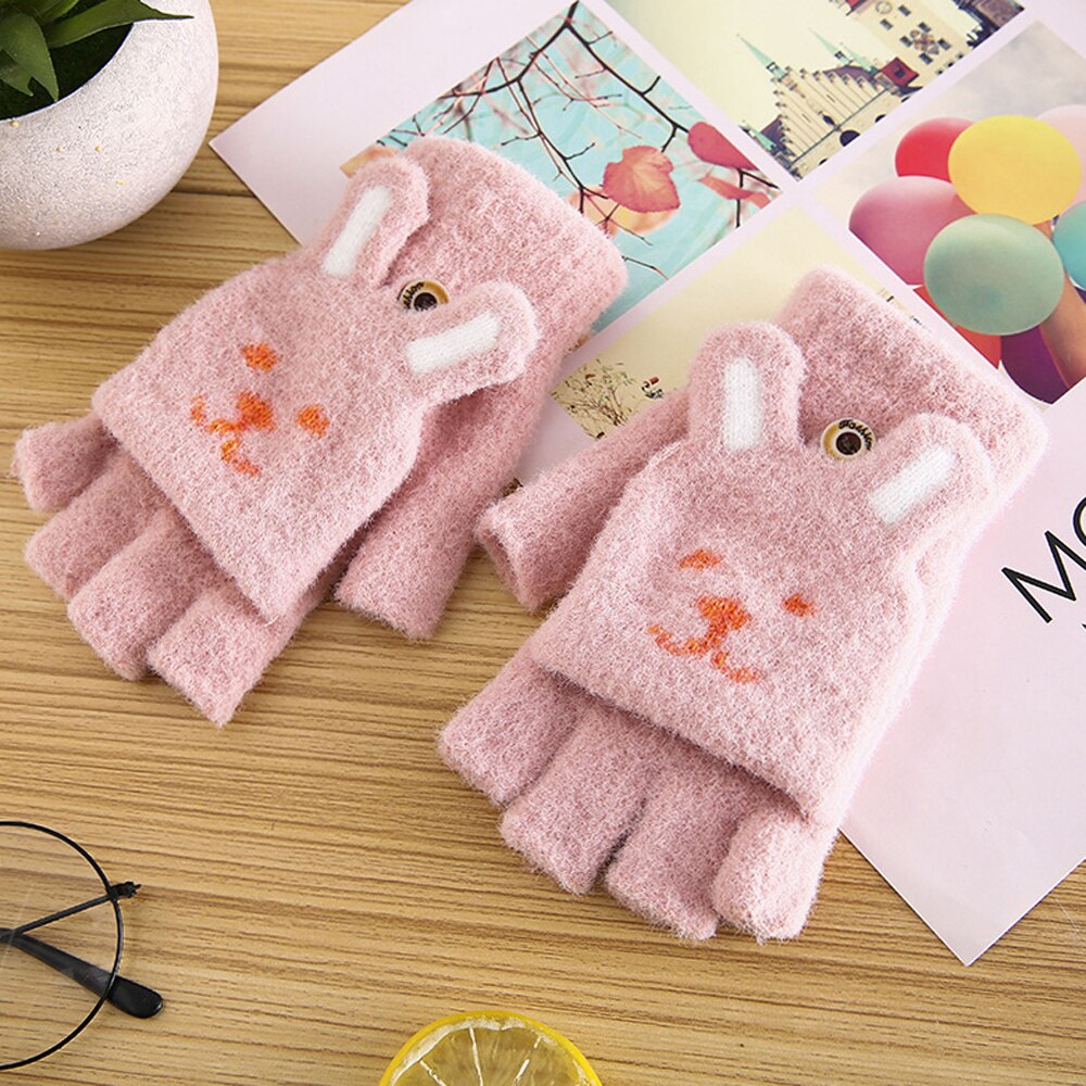 1 par conejo oreja Flip-top guantes de niño chico esponjoso de manopla de mitad de dedo de dibujos animados de invierno guantes: pink