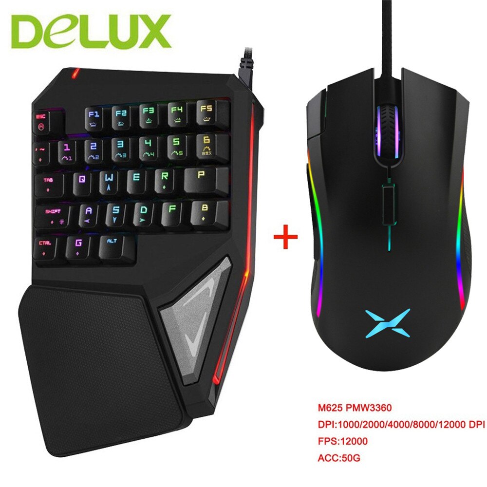 Delux Mini Keyboard T9 Plus Mechanical Gaming Keypad Wired Gaming Mouse 12000 DPI Computer Mice for Laptop PC Gamer