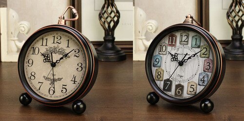 Small Retro Desk Clock Silent Metal Alarm Clock Bedroom Desktop Clock Roman Numerals Relogio Mesa Wrought Clocks AC50TC: Style4-2pcs