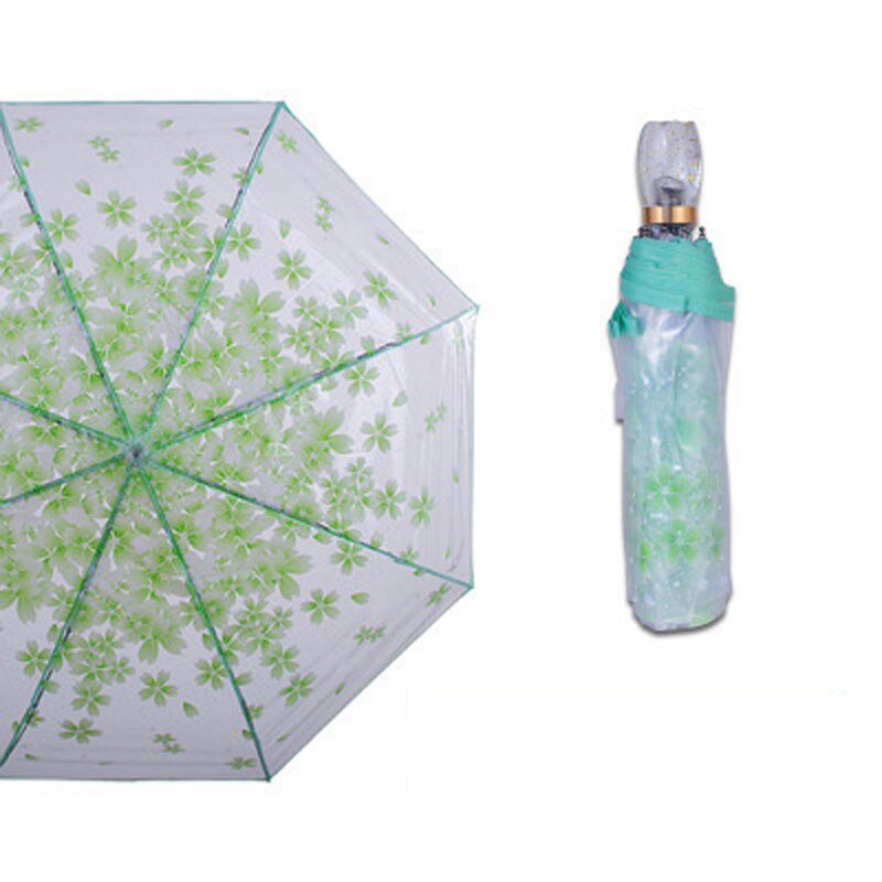 Parapluie romantique Transparent | Parapluie en fleurs de cerisier à trois plis pour femme, parapluie de cerise japonais coréen pour femme, parapluie d'art frais: green-transparent