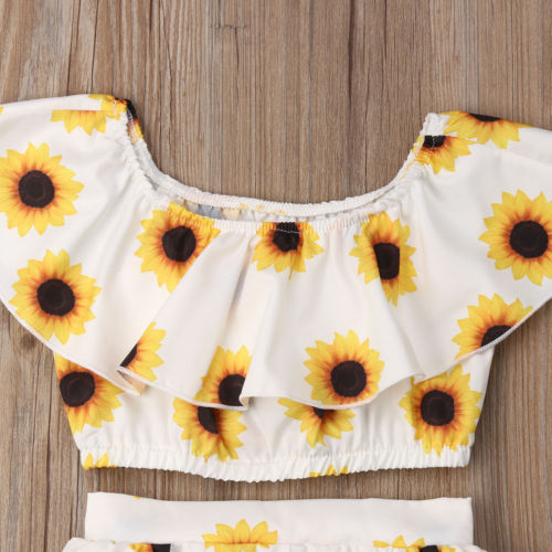 Citgeett Summer Girls 3PCs Outfits Set Sunflower Headband Collar Skitts Tops Pants Newborn Infant Clothes Skirt Set