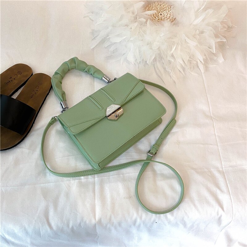 Effen kleur geplooide flip tote tas hoge pu leren dames handtas slot schoudertas messenger bag: Groene kleur