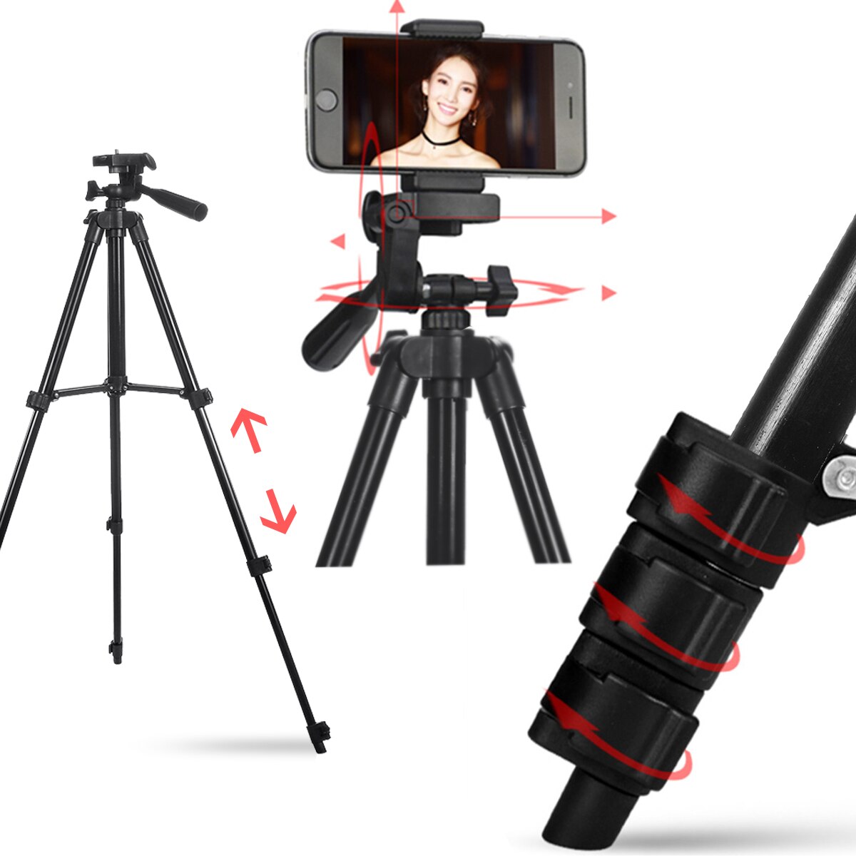 Camera Tripod Stand Aluminum DSLR Camera Long Tripods Adjustable Tripod Stand Mount Holder Clip For Phone Camcorder