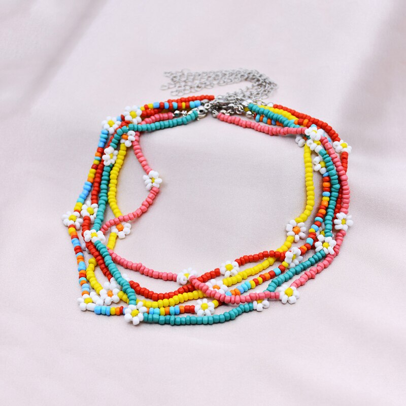 Korea Lovely Daisy Flowers Colorful Beaded Boho Statement Short Choker Necklace for Women Vacation Jewelry