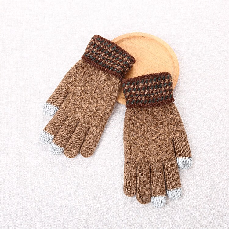 Winter Gloves Men Knitting Touch Screen Thicker Keep Warm Mens Mittens Males Patchwork Glove Simple Chic: light brown