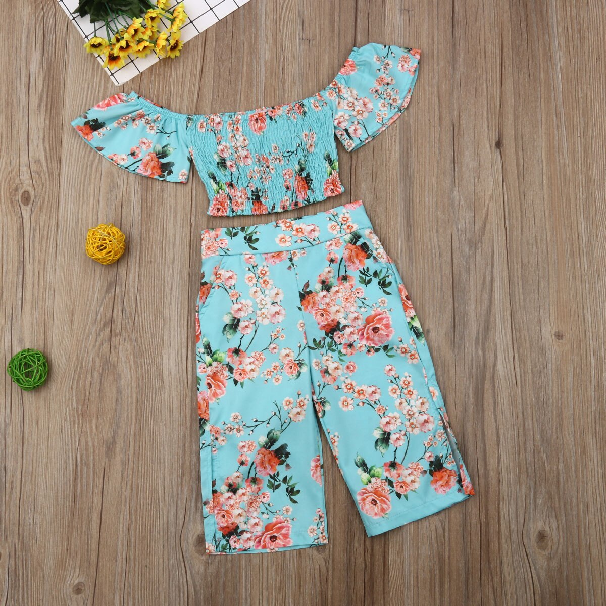 Småbarn barn bebis flicka blommiga sommarkläder set 2 st off shoulder crop tops långa delade byxor bedårande outfit set 2-6 år