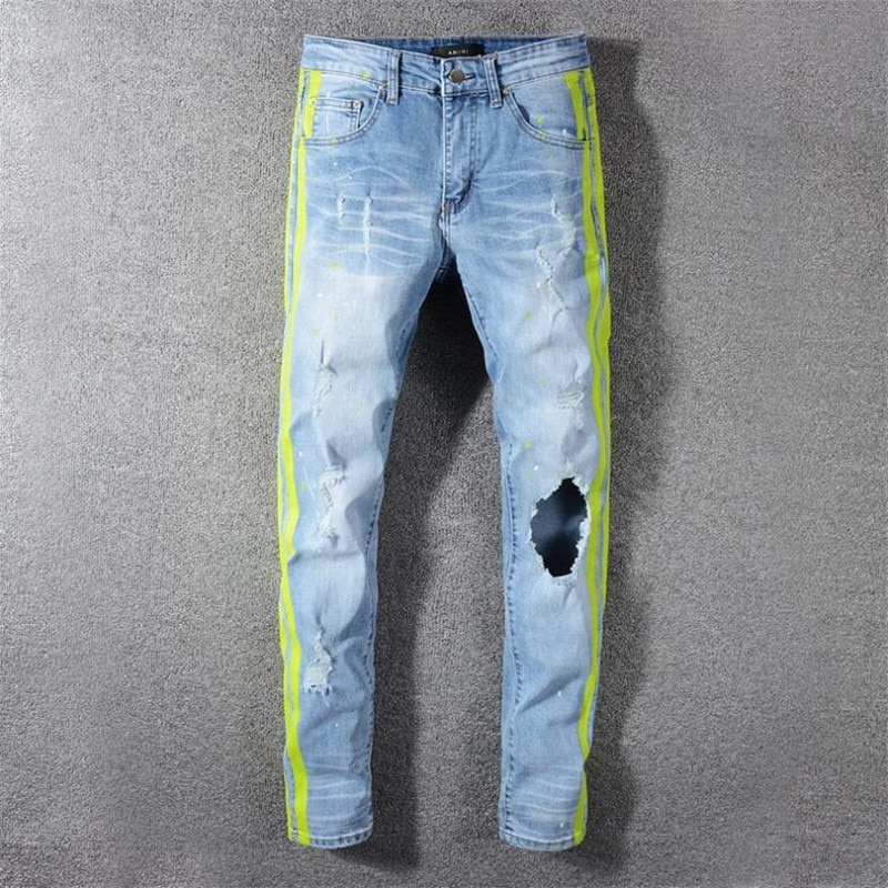 Mænds neon gul farve linjer patchwork rippet jeans huller ødelagt denim stretch bukser