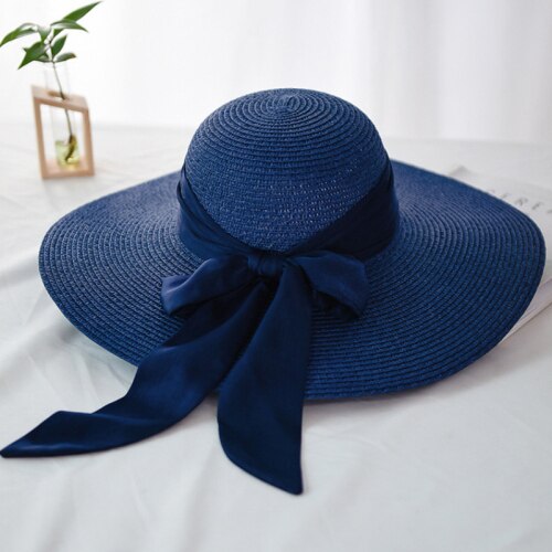 Ht2259 panama damer hatte strand stor bånd sløjfe stor bred skygge hat kvinder sommer pakkes floppy strand sol hat halm: Marine blå