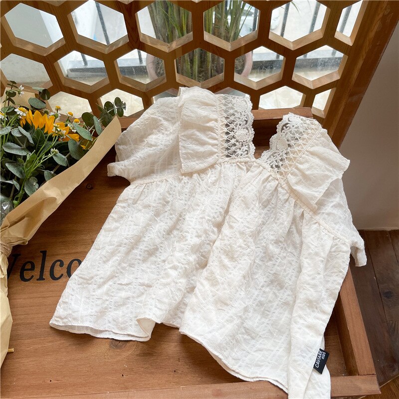 Meisjes Korte Mouw Zomer Zoete Leuke Kant Kleine V-hals Kinderen Casual Effen Kleur Katoenen Baby Shirt Meisjes Shirts: Beige white / 6T