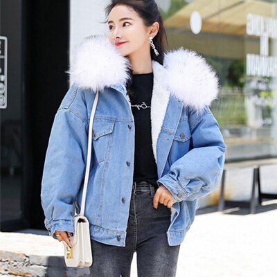 À capuche Fourrure Vestes En Jean Femme Doublure Coton Hiver Plus Épais Denim Manteaux Dames décontracté Veste Femme grande taille vêtements coupe large Haut: white / XXL
