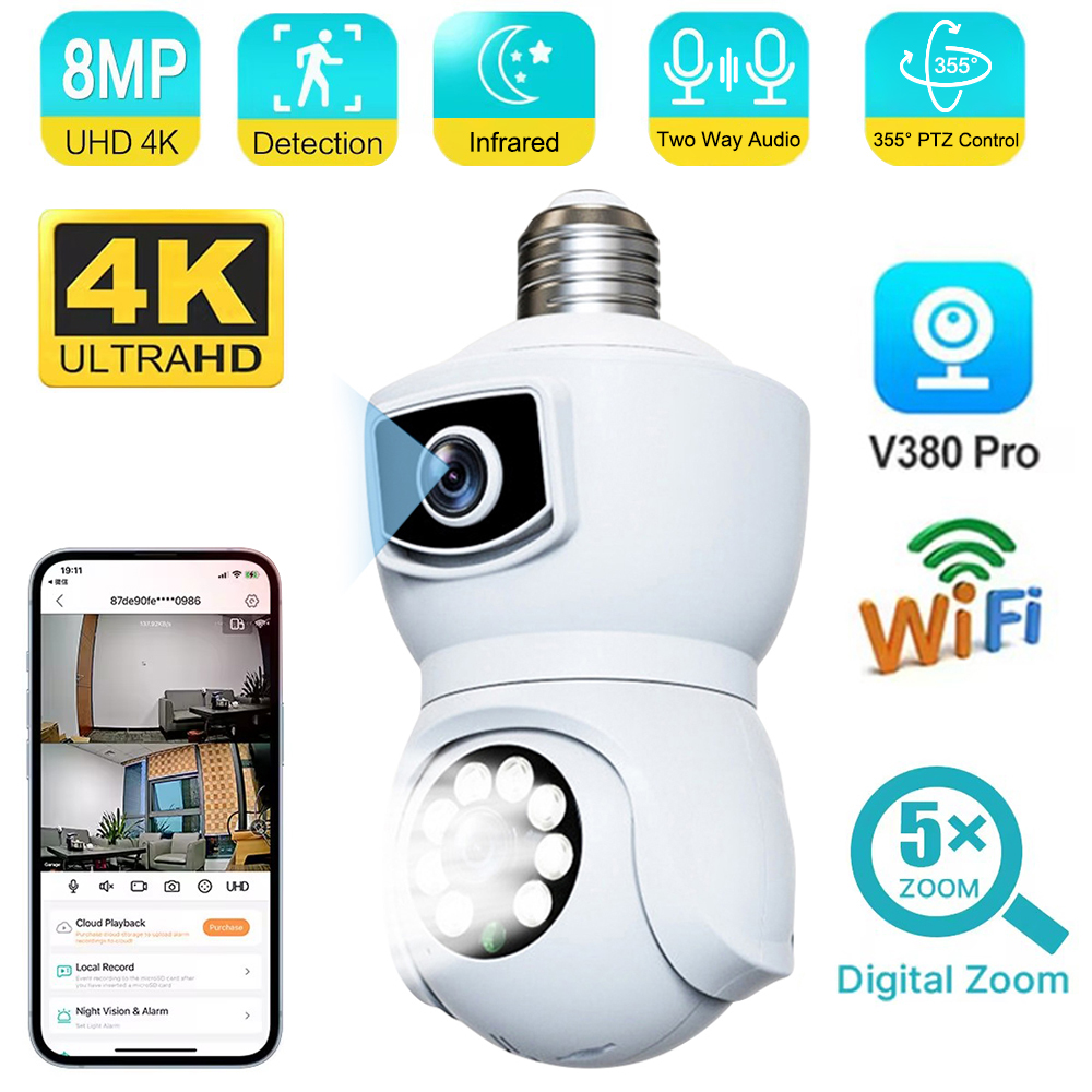 4K 8MP E27 Bulb WiFi Camera Dual Lens Dual Screen Auto Tracking Two Way Audio Color Night Vision Outdoor Security Camera