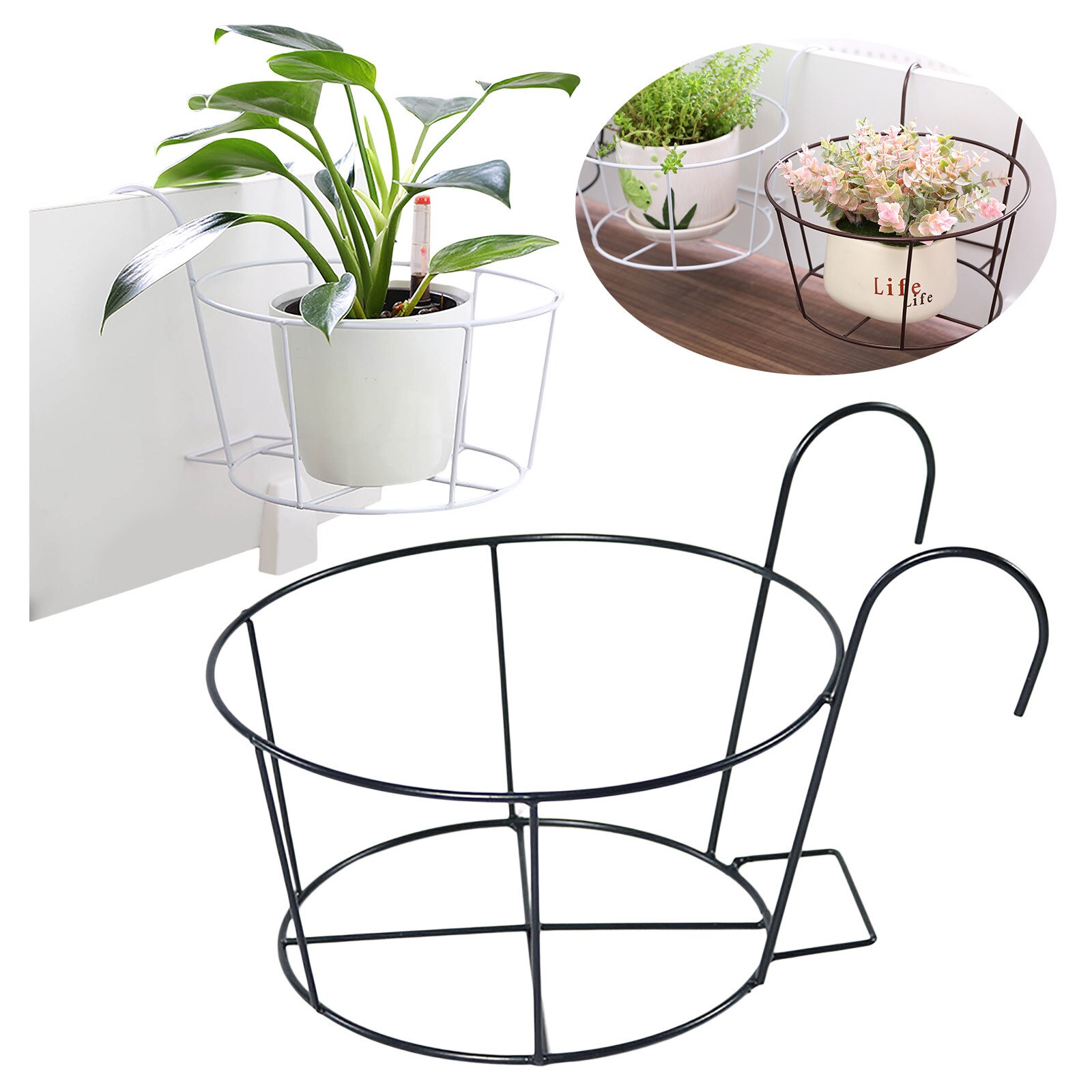 Soporte de Metal para plantas, Cestas colgantes para arte de Metal, soporte para maceta de flores sobre el riel, cerca de Metal, macetas, accesorios de cocina