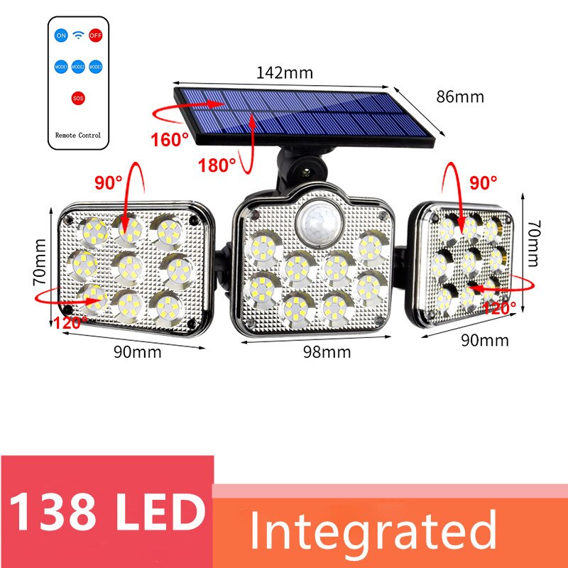 Solar Led Light Outdoor Waterproof Motion Sensor Solar Garden Lights 3 Heads Powerful Outdoor Lighting Solar Energy Wall Lamp: 138 SMD Integrated