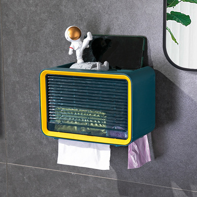 Toilet Paper Roll Holder Wall Mounted Paper Towel Holder Waterproof Tray Roll Paper Tube Storage Box Bathroom Accessories: Blue-Single