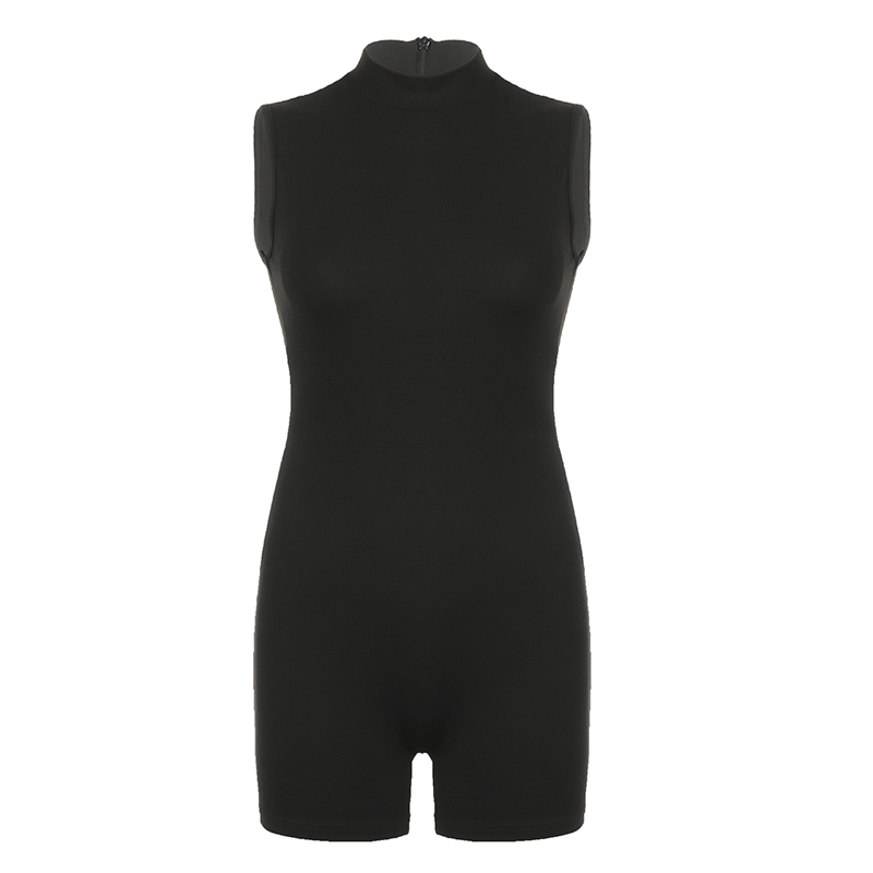 Cibbar casual jogger bodycon macacão sólido preto sem mangas gola alta macacões esportivos de fitness feminino básico all-match outfits: L