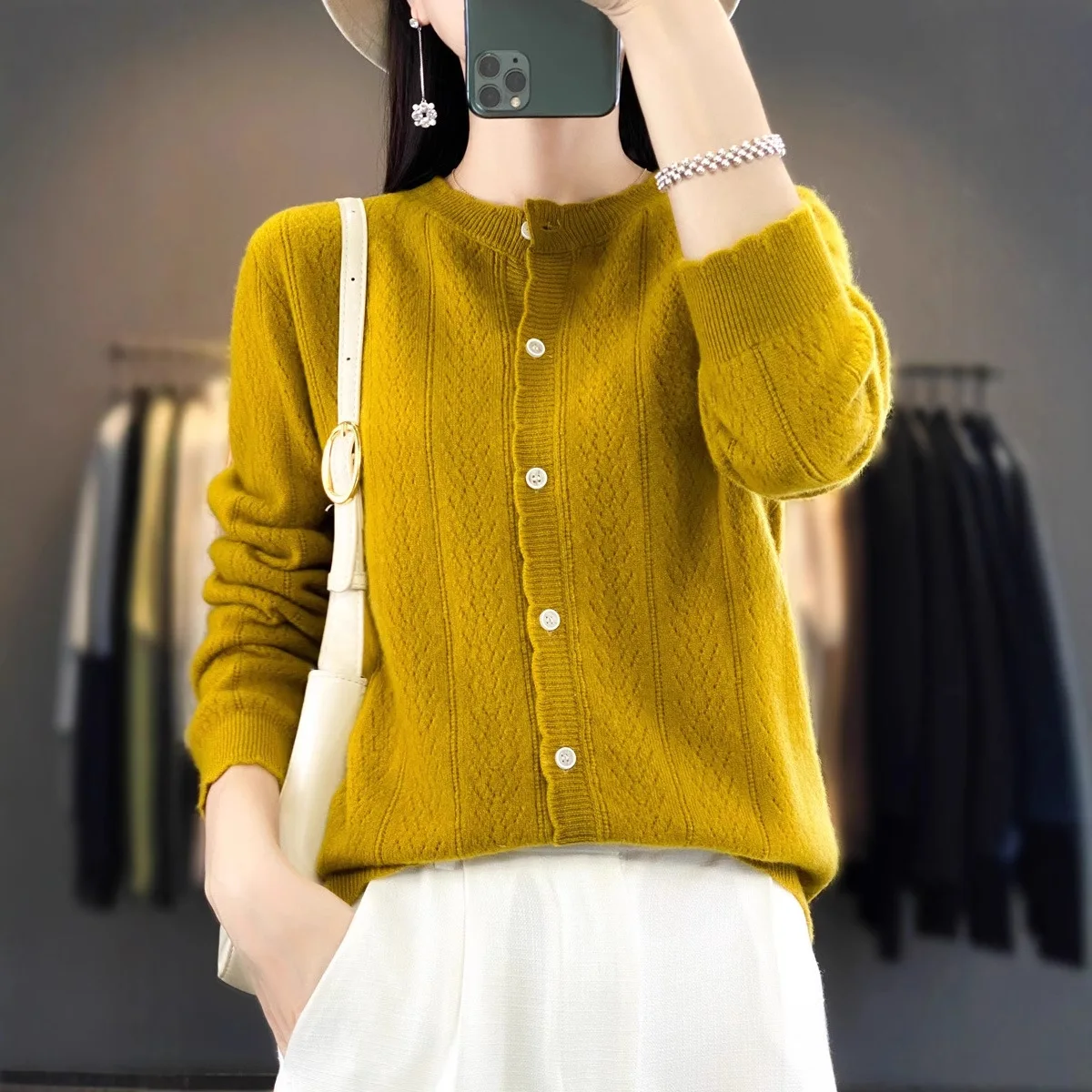 100% cárdigan abierto suelto de lana pura para mujer Otoño Invierno estilo ropa externa Top perezoso cuello redondo suéter de punto de manga larga