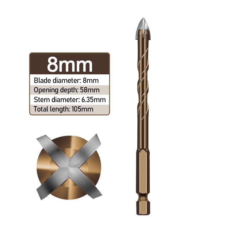 1Pc Hex Shank Spiral Groove Cross Alloy Four-edged Drill Bit Glass Ceramic Concrete Hole Opener 3/4/5/6/8/10/12MM: 8mm