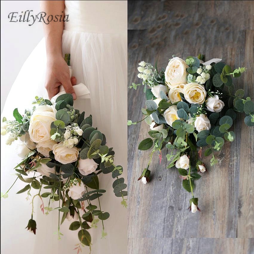 Handmade Country Wedding Bouquet Beautiful Artificial Flowers Green Eucalyptus White Rose Romantic Bridal Flowers Bouquet