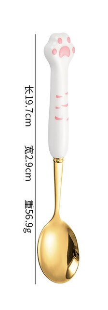 Cute cat claw ceramic 304 stainless steel tableware spoon fork chopsticks cute cartoon spoon gold spoon fork: white gold spoon