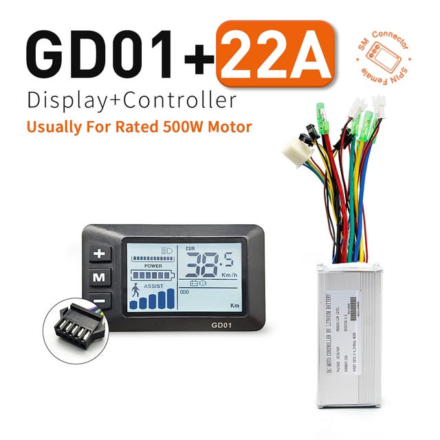 Ebike 250W 500W Controller and LCD Display 36V 48V LCD866 LCDGD01 LCDS900 Electric Bicycle Bike Display Controller: GD01 22A SM Plug