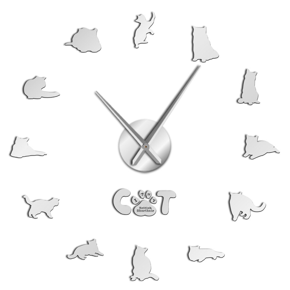 Britisk korthår kat wallsticker dekorativt gør-det-selv stort vægur grå kat rammeløs kat silhuet tal moderne ur ur: Sølv / 27 tommer