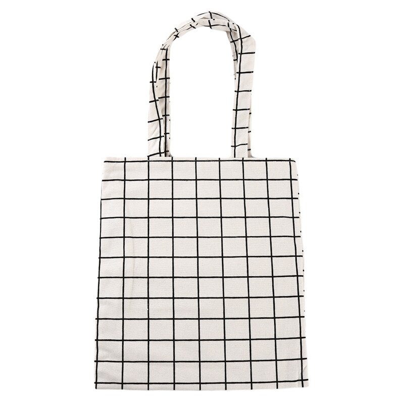 Women Canvas Plaid Eco Reusable Shopping Tote Bag Plaid Shoulder Bag Black White: White