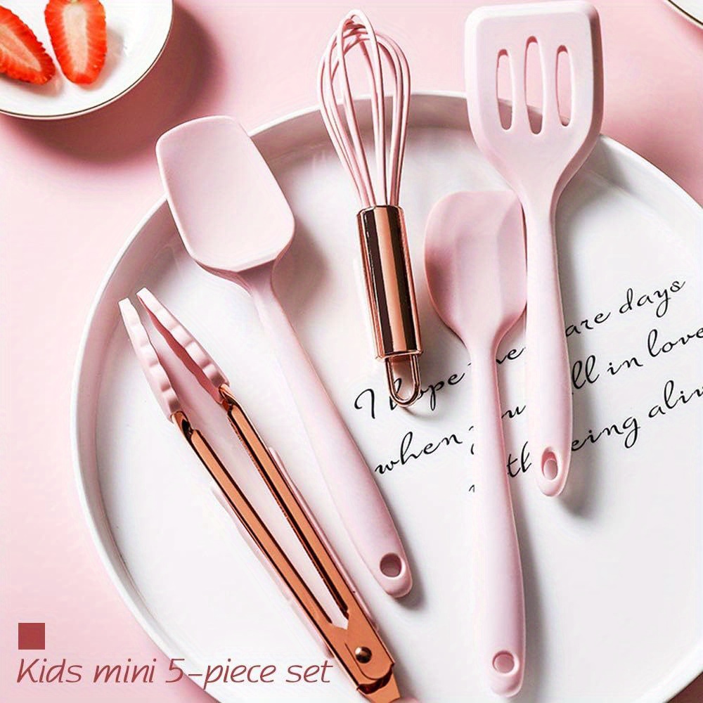 Five piece set of rose gold and pink kitchen utensils, mini silicone kitchen tools, mixing spatula, spoon, and slotted spatula