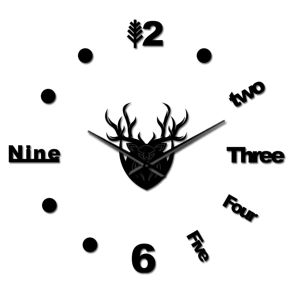 Cerf wapiti tête 3D silencieux Quartz horloge murale bois Animal chasseur miroir effet Stickers muraux pour salon grande montre: Black / 37 Inch