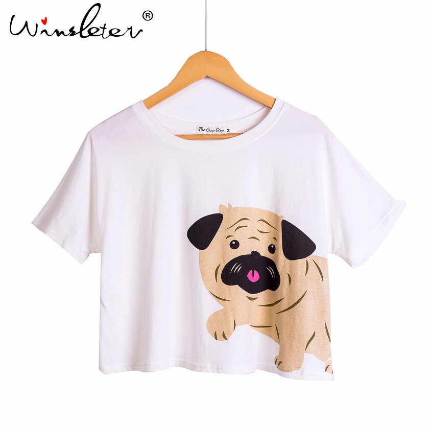 Cute Sleep Top T shirt Women Pug Print Crop Top Short Sleeve Loose S-XXL Cotton T shirt Pajamas Women Clothing pyjamas T6825