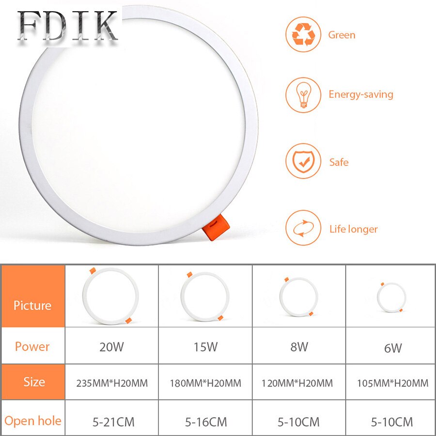 DINGDIAN LED Panel Lights Ultra thin Recessed Downlight 6W 8W 15W 20W 220V Square Round Panel lamp Ceiling Lamp White/Warm white