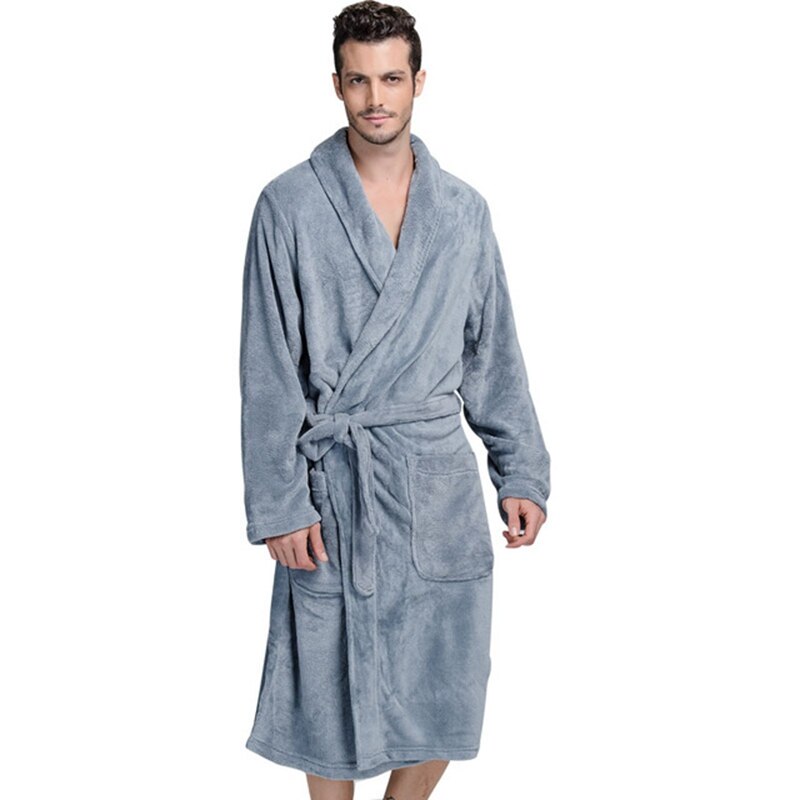 Badekåbe mænd vinter tyk flannel morgenkåbe mænd mandlig lang koral fleece badekåbe mand plus størrelse xxl pyjamas nattøj kimono kåbe: Grå / Xxl (180-190cm)
