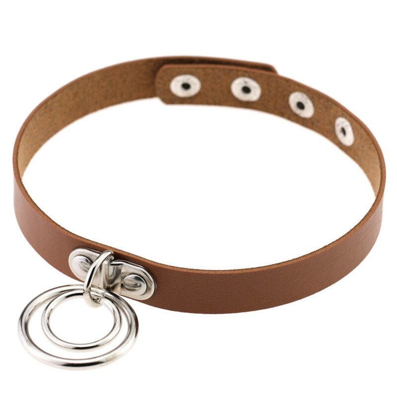 Popular Choker Collar Necklace Double Ring O Leather Gothic Bracelet Women: light coffee