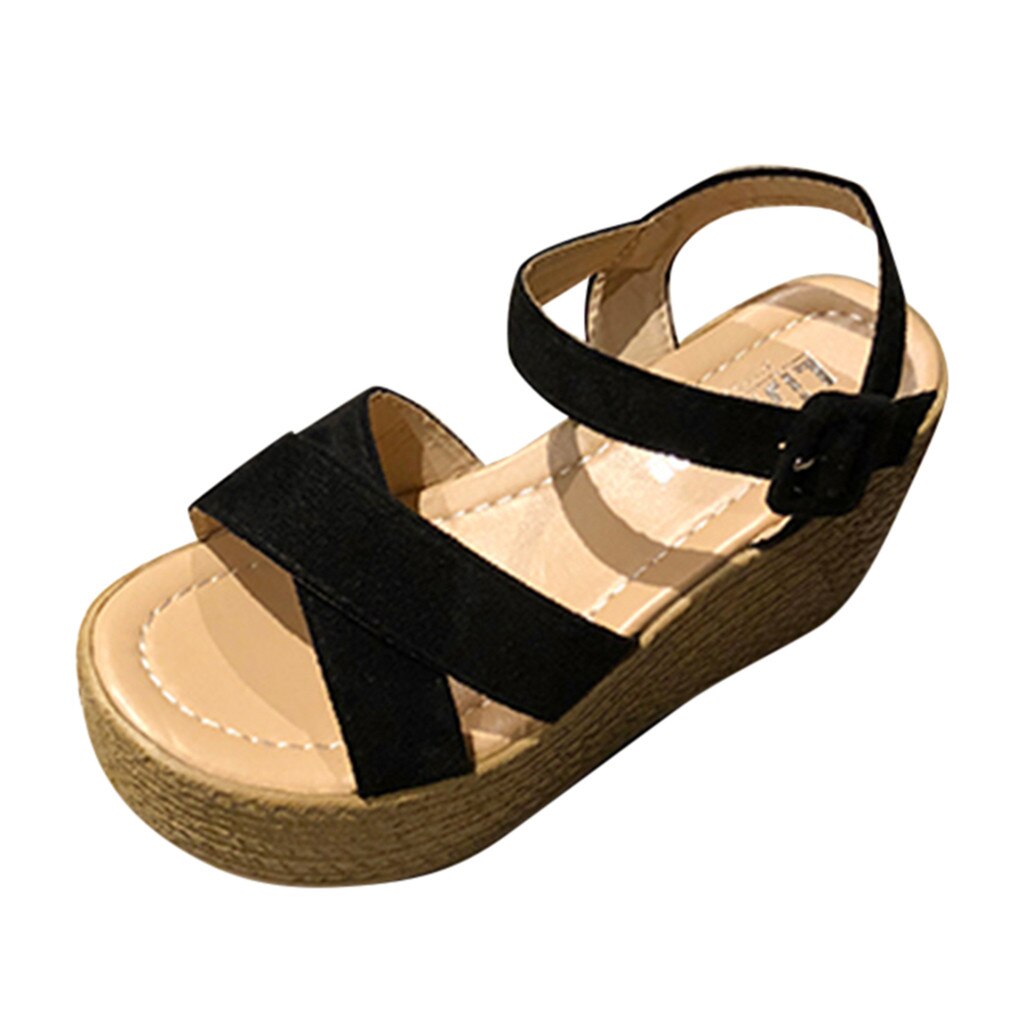Décontracté Compensées Bout Ouvert chaussures Peep Toe Sandales femme à talons hauts plate-forme sandale décontractée boucle sandalia feminina sem salto # G30: Black / 6.5