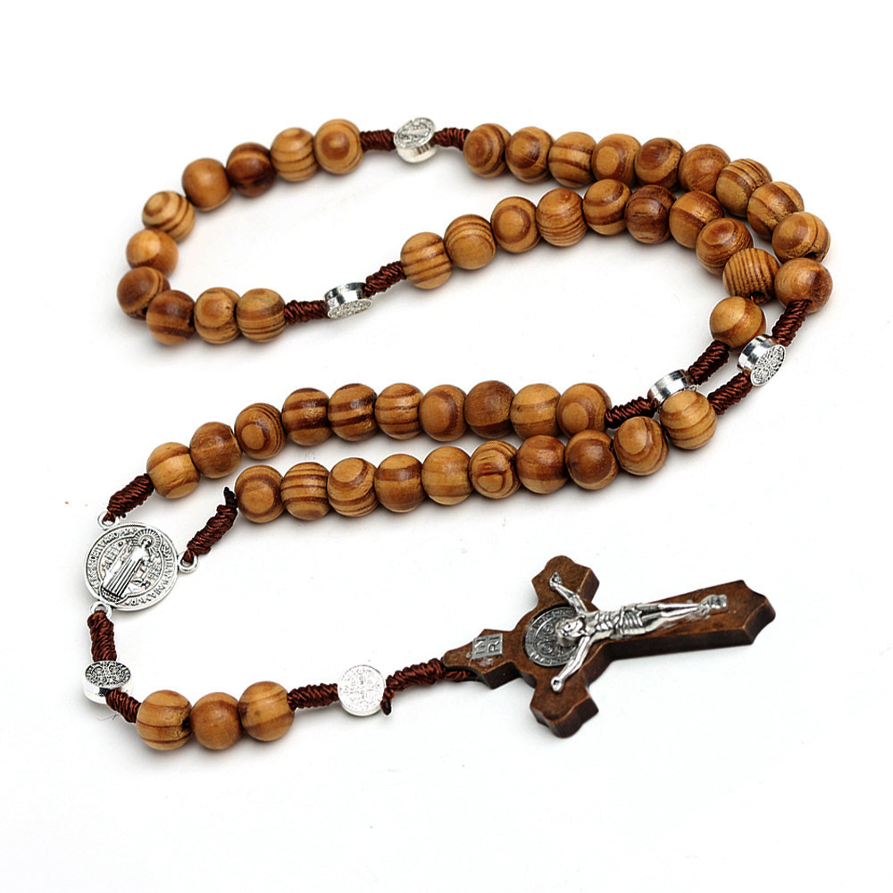 10MM Holz Perlen Rosenkranz Kreuz Halskette Für Frauen Männer Christian Jungfrau Maria INRI Anhänger Kette Religion Schmuck