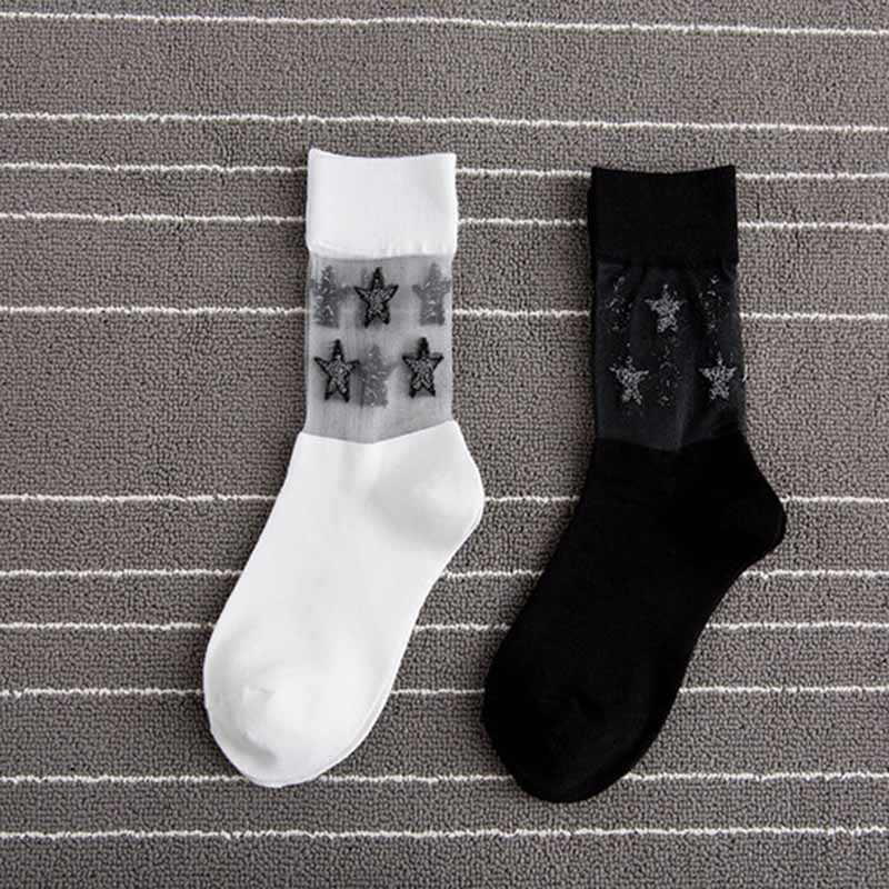 [wploikjd] skinnende sølvstjerner gennemsigtigt glas harajuku sokker kunst moda mujer sokker kvinder japan calcetines mujer meias feminin